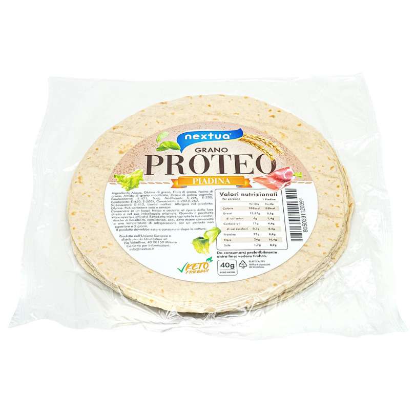 Nextua piadina proteica Proteo adatta alla dieta chetogenica, a pasti proteici e per ricette proteiche