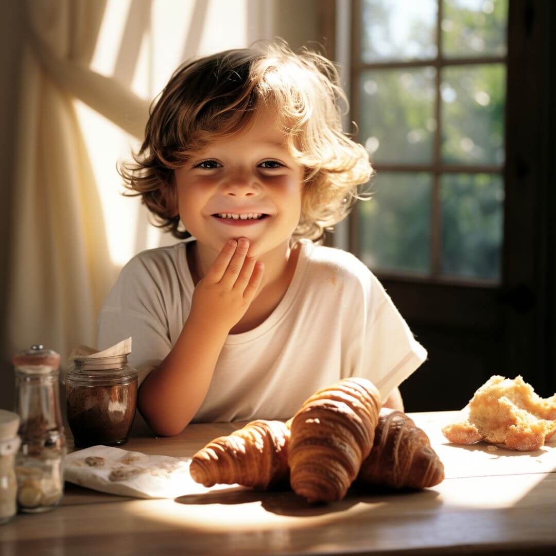 Un bambino mangia i cornetti proteici Nextua ripieni di cioccolato e senza zuccheri